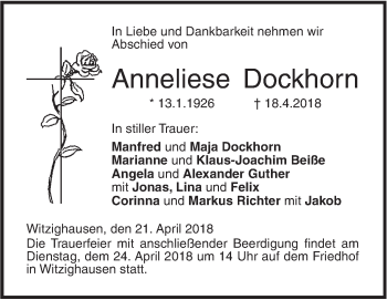 Traueranzeige von Anneliese Dockhorn von SÜDWEST PRESSE Ausgabe Ulm/Neu-Ulm