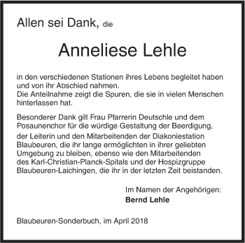 Traueranzeige von Anneliese Lehle von SÜDWEST PRESSE Ausgabe Ulm/Neu-Ulm