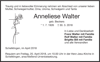 Traueranzeige von Anneliese Walter von Ehinger Tagblatt