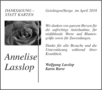 Traueranzeige von Annelise Lasslop von Geislinger Zeitung