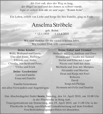 Traueranzeige von Anselma Ströbele von SÜDWEST PRESSE Ausgabe Ulm/Neu-Ulm