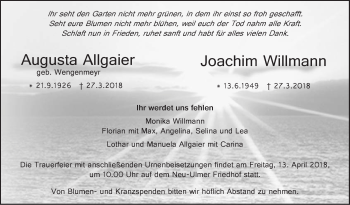 Traueranzeige von Augusta Allgaier Joachim Willmann von SÜDWEST PRESSE Ausgabe Ulm/Neu-Ulm