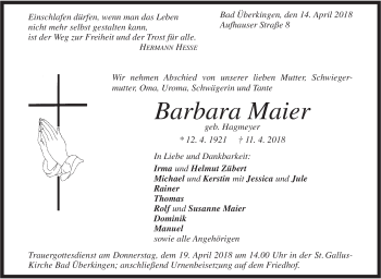 Traueranzeige von Barbara Maier von Geislinger Zeitung