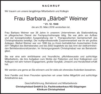 Traueranzeige von Barbara Weimer von NWZ Neue Württembergische Zeitung