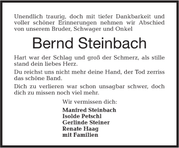 Traueranzeige von Bernd Steinbach von Haller Tagblatt