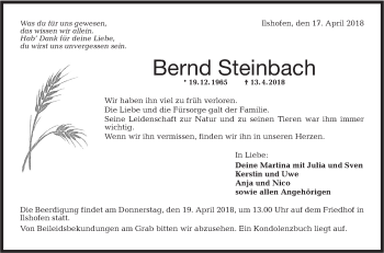 Traueranzeige von Bernd Steinbach von Haller Tagblatt