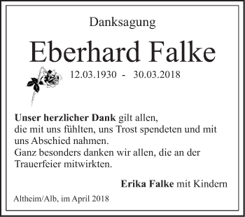 Traueranzeige von Eberhard Falke von SÜDWEST PRESSE Ausgabe Ulm/Neu-Ulm