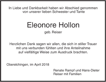 Traueranzeige von Eleonore Hollon von SÜDWEST PRESSE Ausgabe Ulm/Neu-Ulm