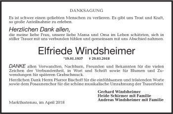 Traueranzeige von Elfriede Windsheimer von Hohenloher Tagblatt