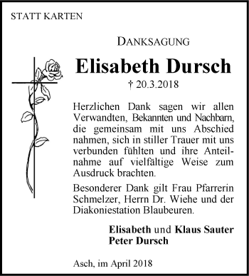 Traueranzeige von Elisabeth Dursch von SÜDWEST PRESSE