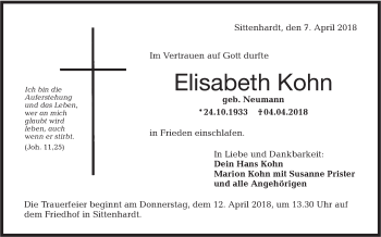 Traueranzeige von Elisabeth Kohn von Haller Tagblatt