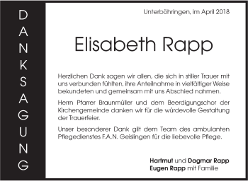 Traueranzeige von Elisabeth Rapp von Geislinger Zeitung