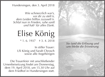 Traueranzeige von Elise König von Alb-Bote/Metzinger-Uracher Volksblatt