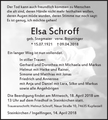 Traueranzeige von Elsa Schroff von Haller Tagblatt