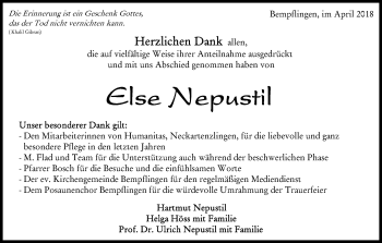 Traueranzeige von Else Nepustil von Metzinger-Uracher Volksblatt