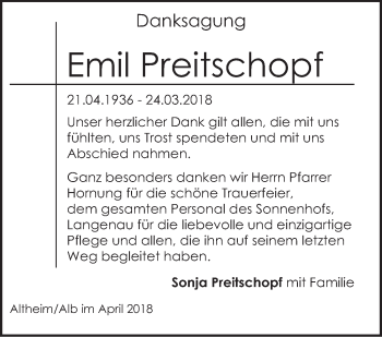 Traueranzeige von Emil Preitschopf von SÜDWEST PRESSE Ausgabe Ulm/Neu-Ulm