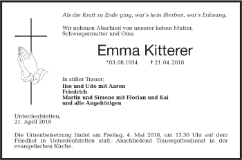 Traueranzeige von Emma Kitterer von Hohenloher Tagblatt