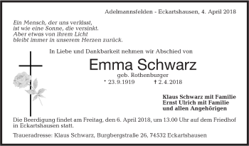 Traueranzeige von Emma Schwarz von Haller Tagblatt