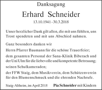 Traueranzeige von Erhard  Schneider von SÜDWEST PRESSE Ausgabe Ulm/Neu-Ulm