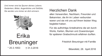 Traueranzeige von Erika Breuninger von Haller Tagblatt