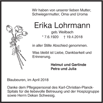 Traueranzeige von Erika Lohrmann von SÜDWEST PRESSE Ausgabe Ulm/Neu-Ulm