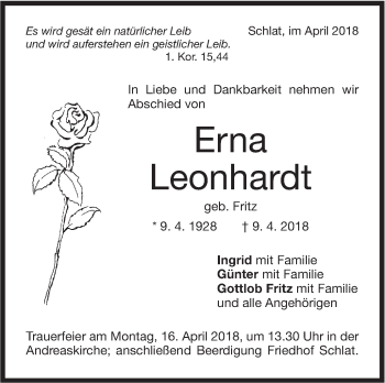 Traueranzeige von Erna Leonhardt von NWZ Neue Württembergische Zeitung