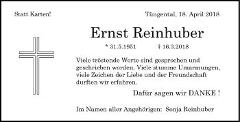 Traueranzeige von Ernst Reinhuber von Haller Tagblatt