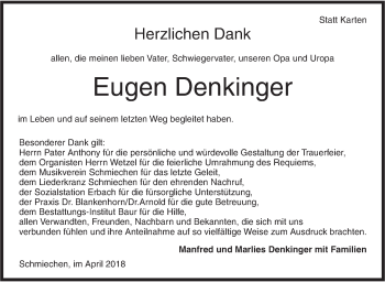 Traueranzeige von Eugen Denkinger von Ehinger Tagblatt