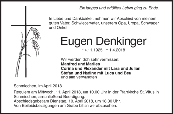 Traueranzeige von Eugen Denkinger von Ehinger Tagblatt