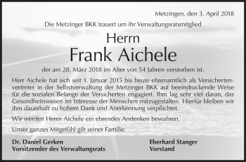 Traueranzeige von Frank Aichele von Metzinger-Uracher Volksblatt