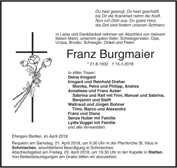 Traueranzeige von Franz Burgmaier von Ehinger Tagblatt