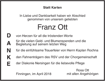 Traueranzeige von Franz Ott von SÜDWEST PRESSE Ausgabe Ulm/Neu-Ulm