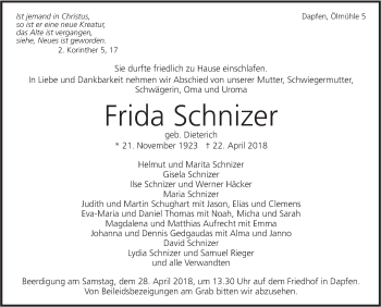 Traueranzeige von Frida Schnizer von Alb-Bote/Metzinger-Uracher Volksblatt