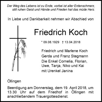 Traueranzeige von Friedrich Koch von SÜDWEST PRESSE Ausgabe Ulm/Neu-Ulm