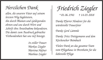 Traueranzeige von Friedrich Ziegler von Hohenloher Tagblatt