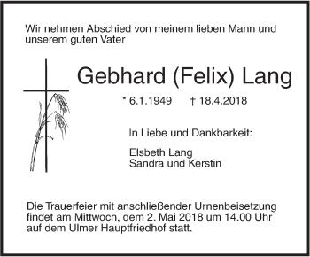 Traueranzeige von Gebhard (Felix) Lang  