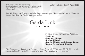 Traueranzeige von Gerda Link von Haller Tagblatt