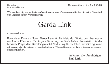 Traueranzeige von Gerda Link von Haller Tagblatt