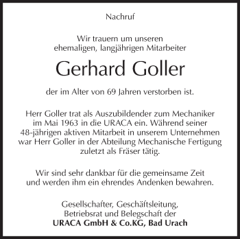 Traueranzeige von Gerhard Goller von Metzinger-Uracher Volksblatt