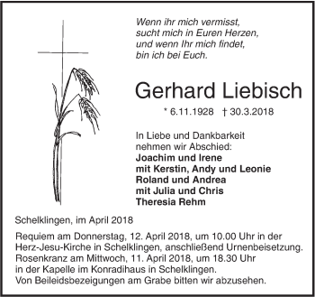 Traueranzeige von Gerhard Liebisch von Ehinger Tagblatt