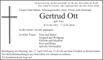 Traueranzeige von Gertrud Ott von SÜDWEST PRESSE Ausgabe Ulm/Neu-Ulm