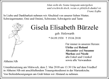 Traueranzeige von Gisela Elisabeth Bürzele von SÜDWEST PRESSE Ausgabe Ulm/Neu-Ulm