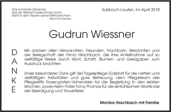 Traueranzeige von Gudrun Wiessner von Rundschau Gaildorf