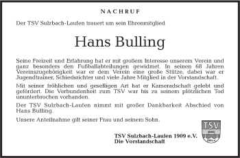 Traueranzeige von Hans Bulling von Rundschau Gaildorf