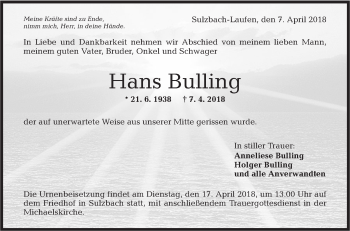 Traueranzeige von Hans Bulling von Rundschau Gaildorf