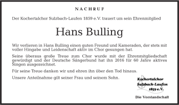 Traueranzeige von Hans Bulling von Rundschau Gaildorf