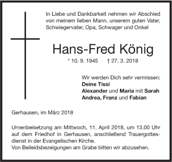 Traueranzeige von Hans-Fred König von SÜDWEST PRESSE Ausgabe Ulm/Neu-Ulm