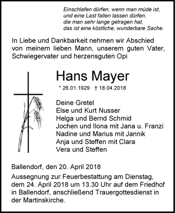 Traueranzeige von Hans Mayer von SÜDWEST PRESSE Ausgabe Ulm/Neu-Ulm