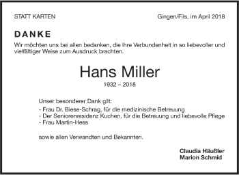 Traueranzeige von Hans Miller von NWZ Neue Württembergische Zeitung/Geislinger Zeitung