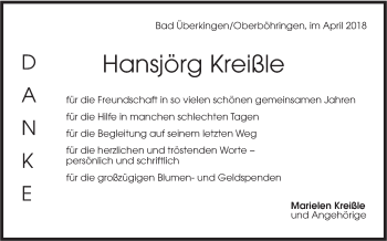 Traueranzeige von Hansjörg Kreißle von Geislinger Zeitung